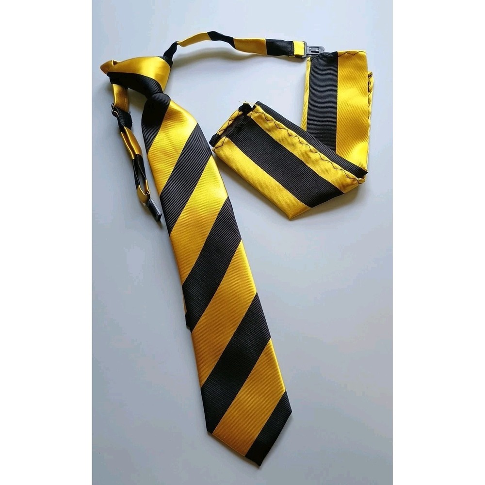Boys Easy Zipper‎ Tie / Pocket Square Set (One Size) Black Yellow Repp Tie